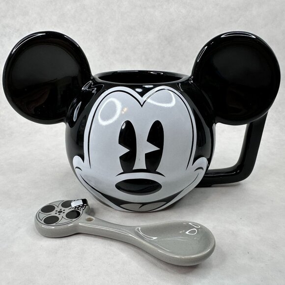 Vintage Disney Mickey Mouse Ceramic Mug W/ Spoon Black & White 3D Ears D Handle - Picture 1 of 16